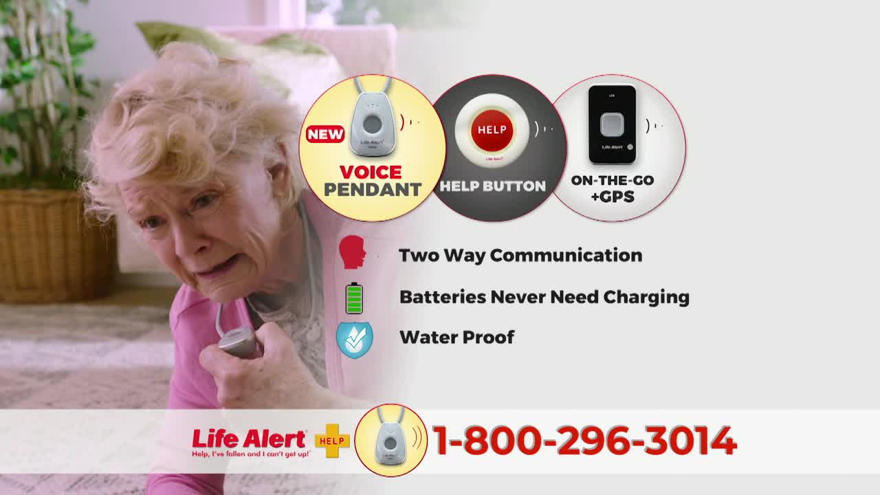 An older woman, clutching her chest, looks distressed. The scene is part of a commercial for a medical alert system, with product features displayed nearby.
