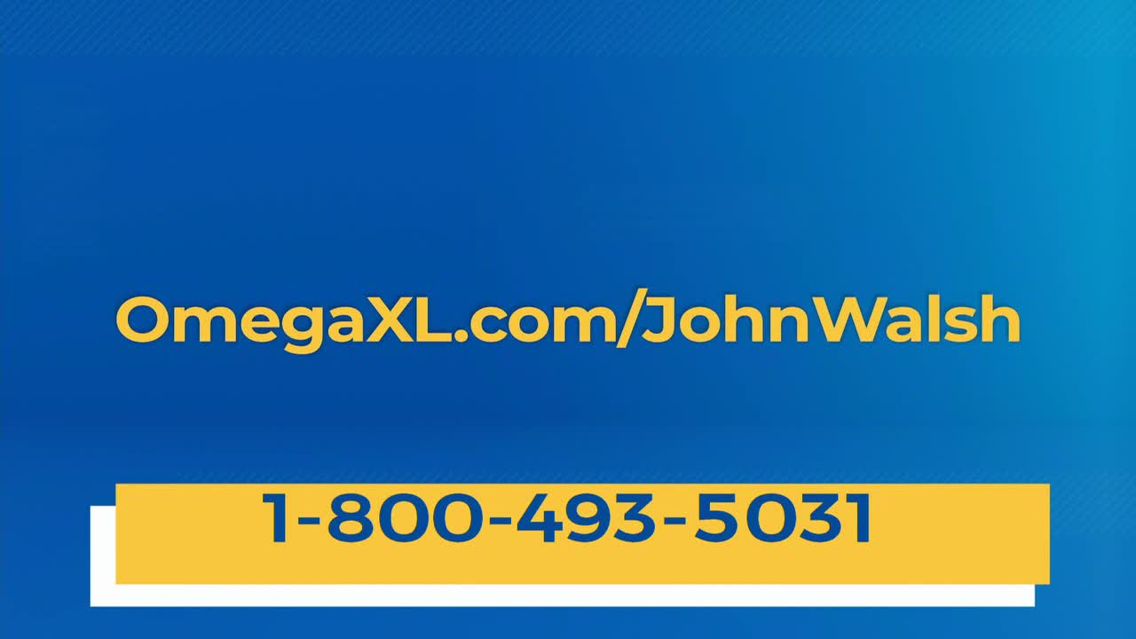 The screen displays a website address and a phone number in bold, yellow text against a blue backdrop. The website mentions "John Walsh," and the phone number is for a product called OmegaXL.
