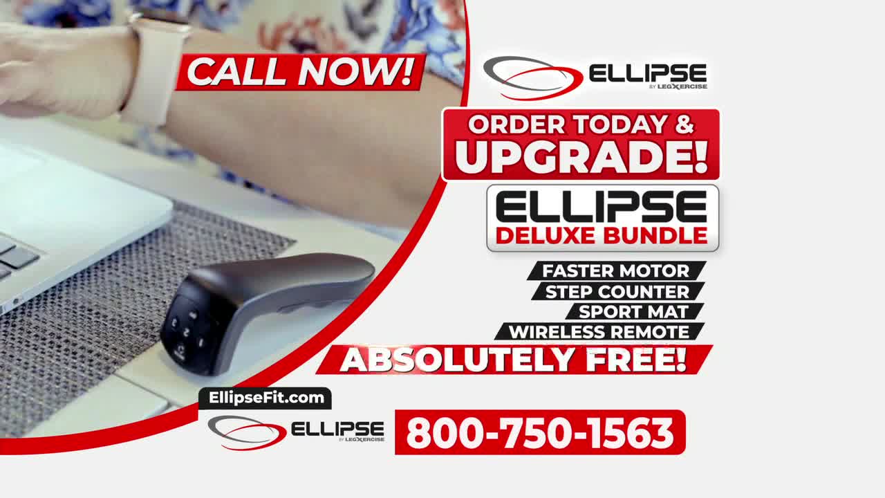 A hand with a smartwatch hovers over a laptop keyboard, next to a black remote control.  Bold red text urges viewers to call a number to order an Ellipse Deluxe Bundle, advertised on ION Plus.
