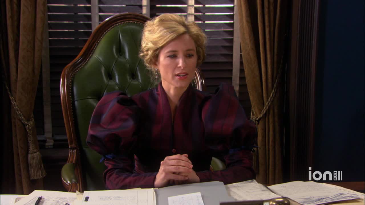 A woman in a burgundy dress sits behind a desk, her hands clasped in front of her. The ION Plus logo is visible in the corner as she looks toward someone off-screen.
