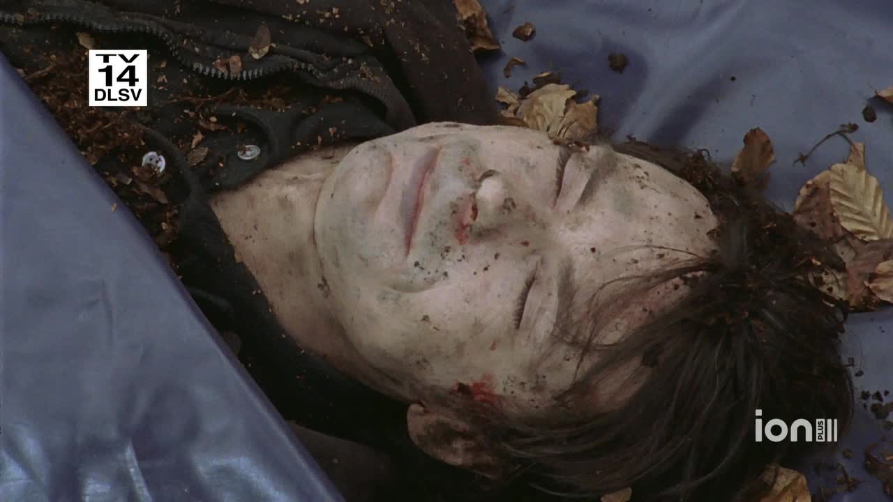A person lies still, face up, on a blue tarp covered in leaves and dirt. Blood stains the skin near the nose and mouth.
