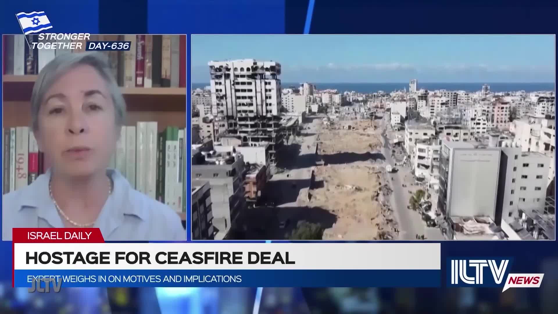 On Jewish Life Television, a woman speaks on camera, while a city ravaged by destruction is shown on the screen behind her. The segment, "Hostage for Ceasefire Deal," is featured on ILTV News.
