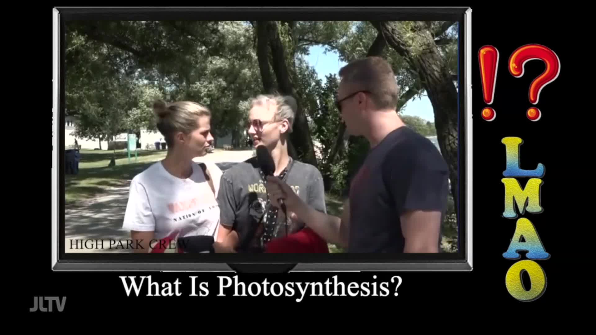 A man in sunglasses holds a microphone, interviewing two people in a park. The screen displays a segment from Jewish Life Television, asking "What Is Photosynthesis?"
