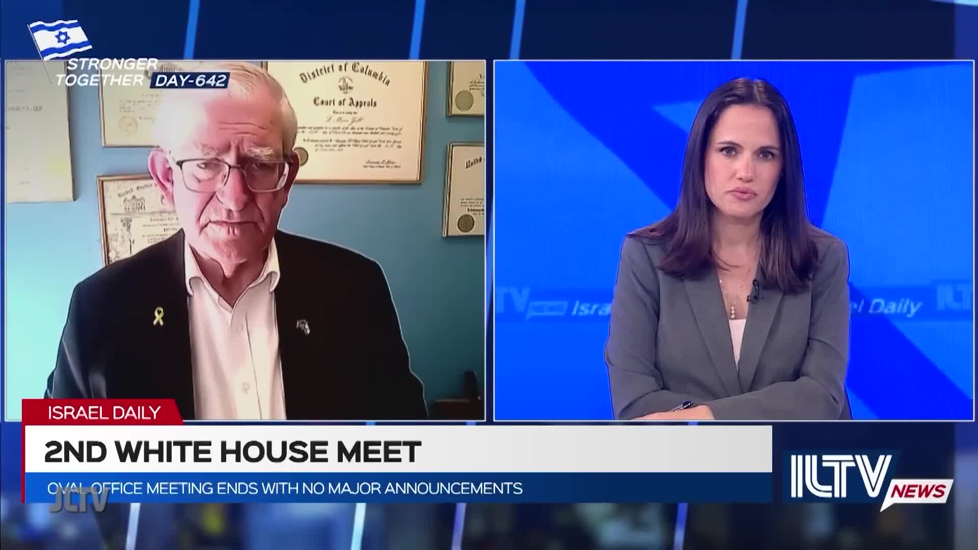 A man in a dark suit and glasses is speaking on a split screen, while a woman in a gray blazer listens intently. The broadcast, from ILTV News, is reporting on a White House meeting.
