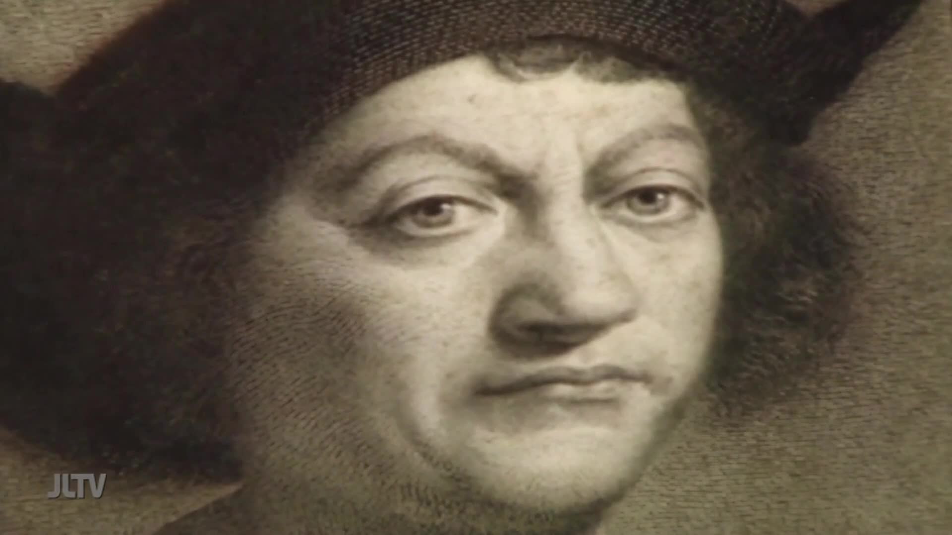 On Jewish Life Television, a sepia-toned portrait of a man with a stern expression fills the screen. The JLTV logo is visible in the lower left corner.
