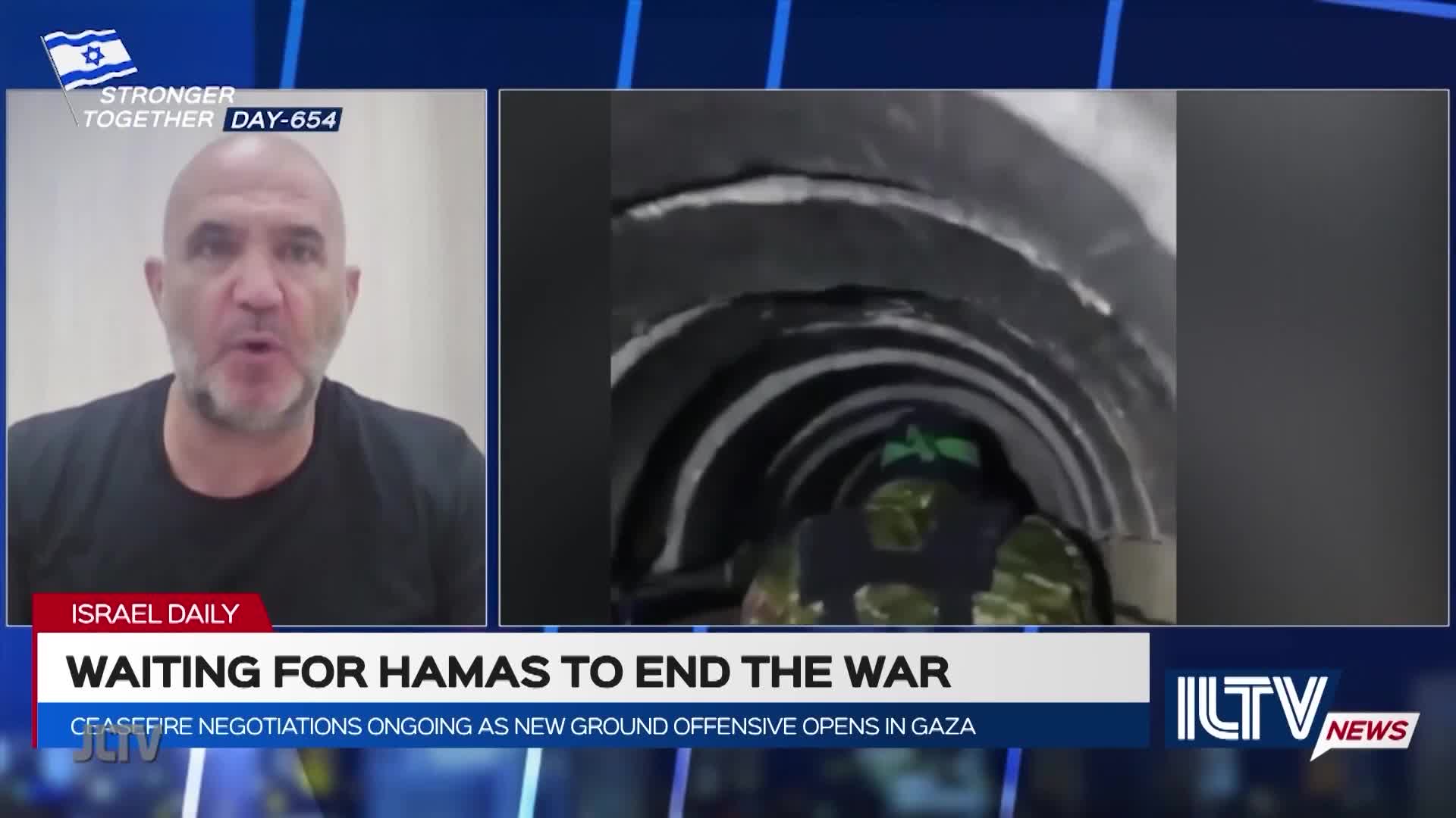 On Jewish Life Television, a man speaks intently, while a grainy video shows a dark tunnel with a glimpse of someone in camouflage. The news segment focuses on the ongoing conflict, with a headline about waiting for Hamas to end the war.
