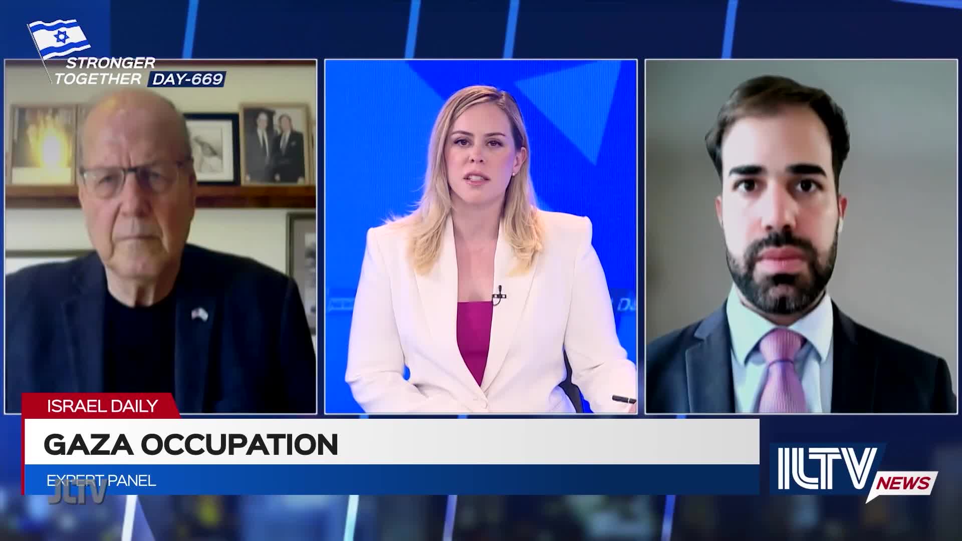 Three people are on screen, each framed in a separate panel, discussing the Gaza Occupation on Jewish Life Television. The woman in the center is speaking, while the two men on either side listen intently.
