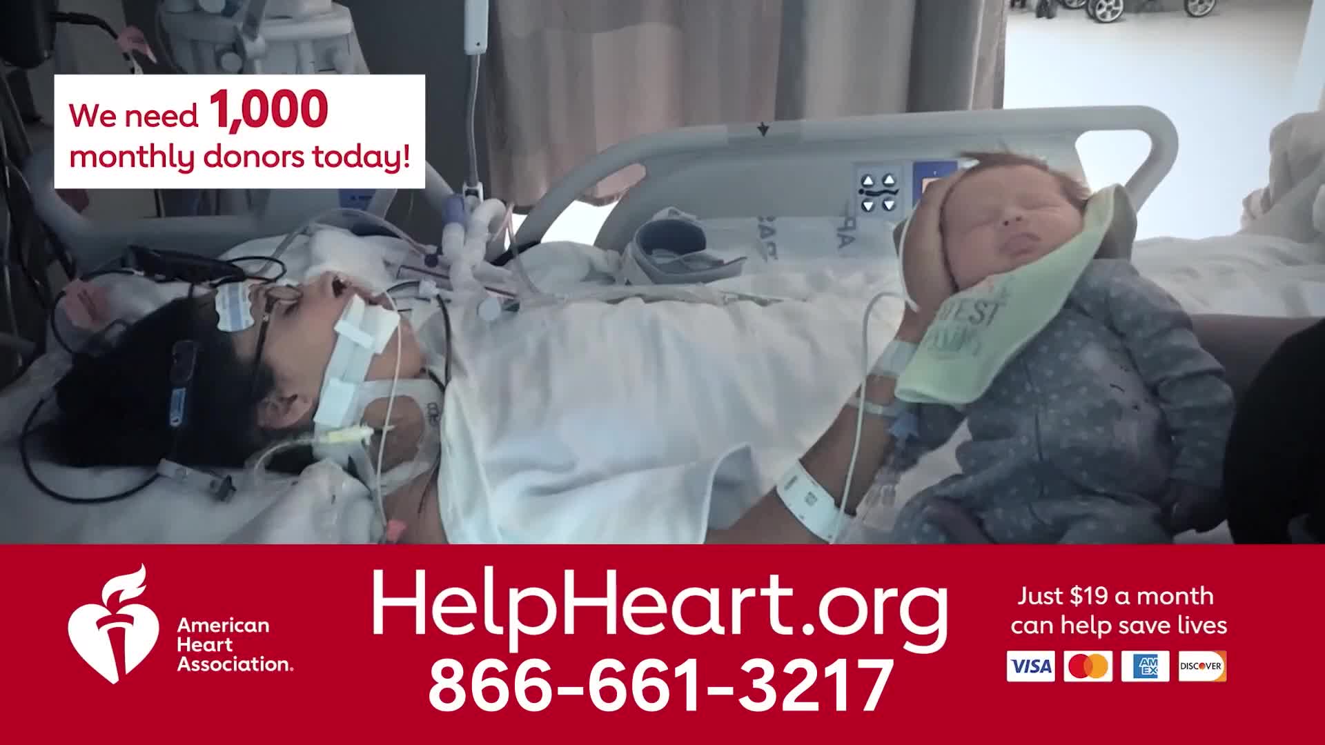 A woman connected to tubes lies in a hospital bed, while a baby is held nearby. The American Heart Association is asking for monthly donors on Jewish Life Television.

