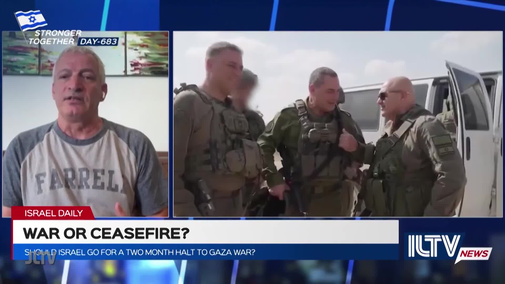 A man in a Farrell shirt discusses the news on Jewish Life Television, while a video shows uniformed men outside a vehicle. They appear to be in a discussion, with one gesturing.
