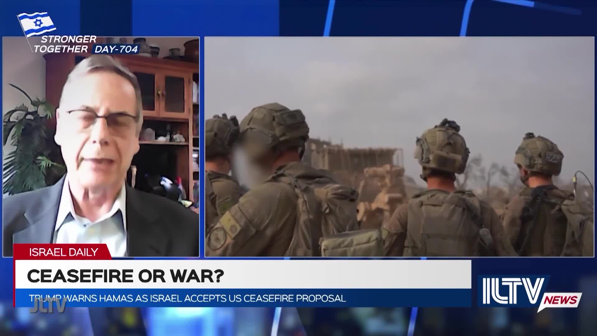 On Jewish Life Television, a man in a suit speaks earnestly, while a video shows soldiers in combat gear. The headline reads "Ceasefire or War?"
