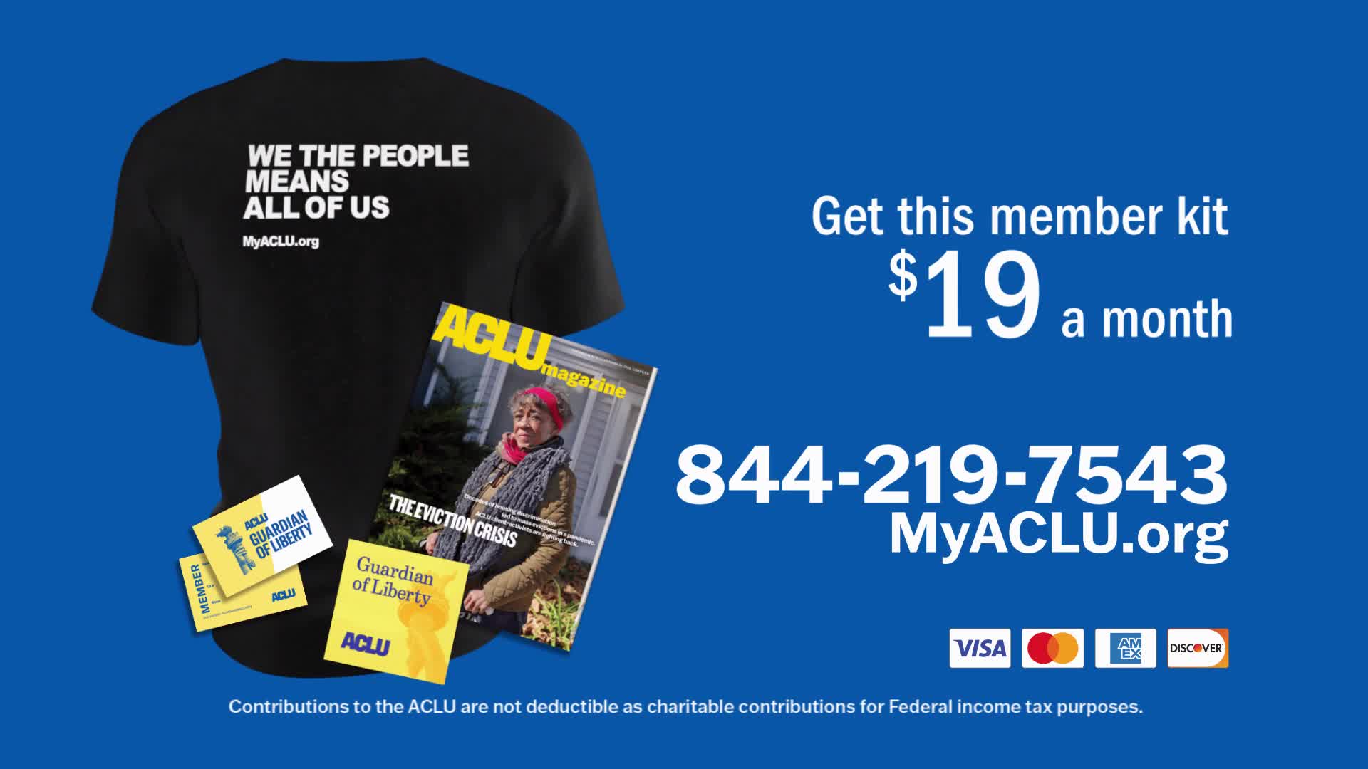 A black t-shirt with white text and an ACLU magazine are displayed against a blue background, along with membership cards. The ad, which is likely on Jewish Life Television, offers a membership kit for $19 a month.
