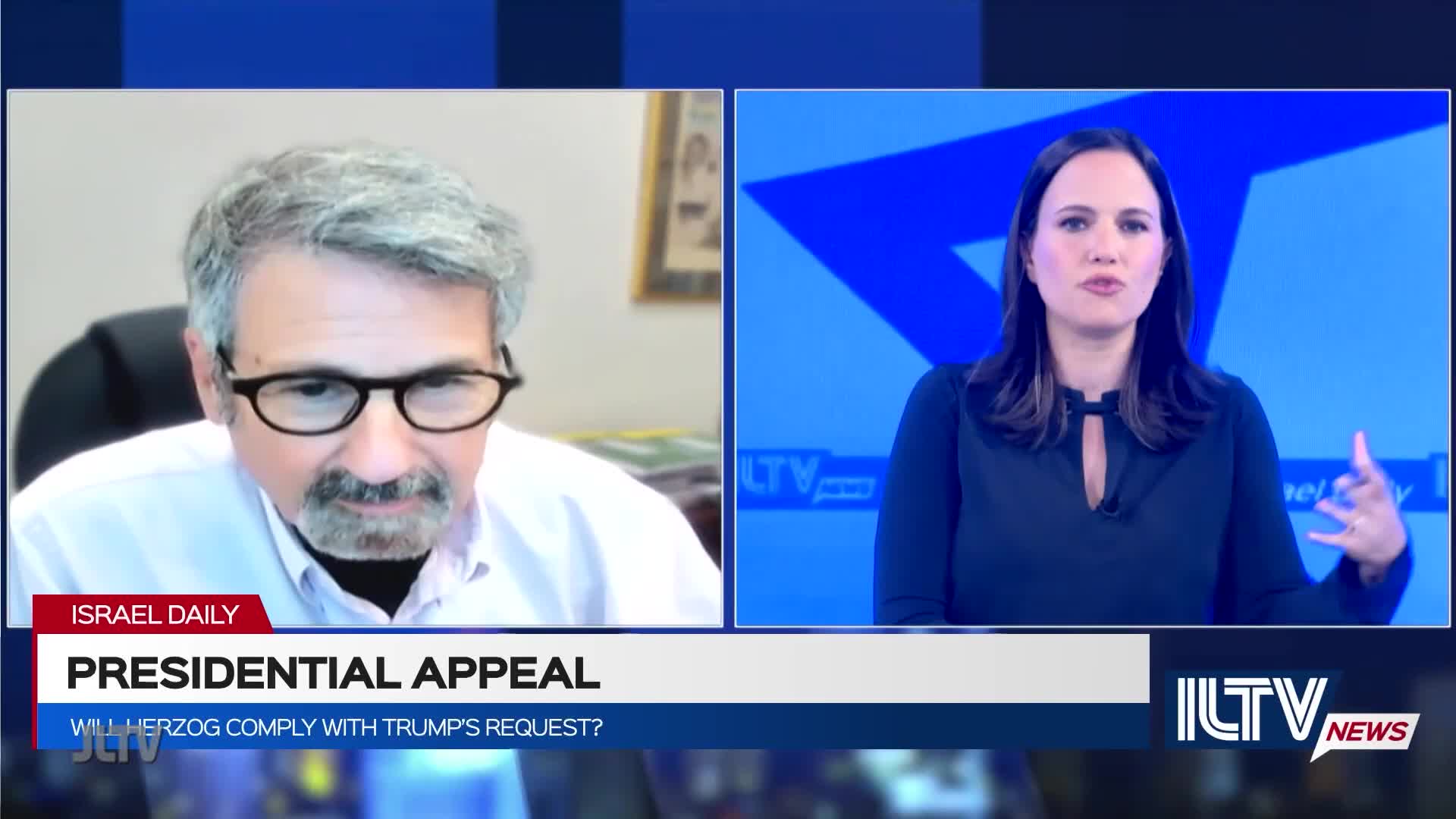 On Jewish Life Television, a man in glasses is on a screen, while a woman gestures with her hands. The lower third of the screen reads "Presidential Appeal" and asks if Herzog will comply with Trump's request.
