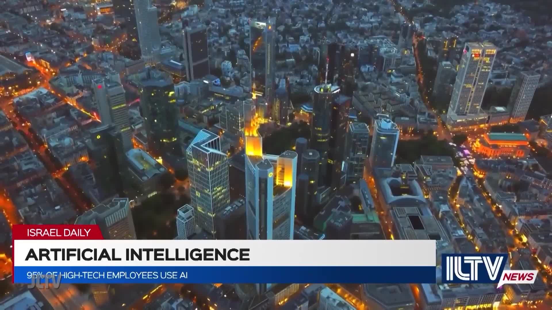 From this vantage point, I see a nighttime cityscape, with illuminated skyscrapers and streets. The ILTV News graphic at the bottom highlights a story about artificial intelligence.
