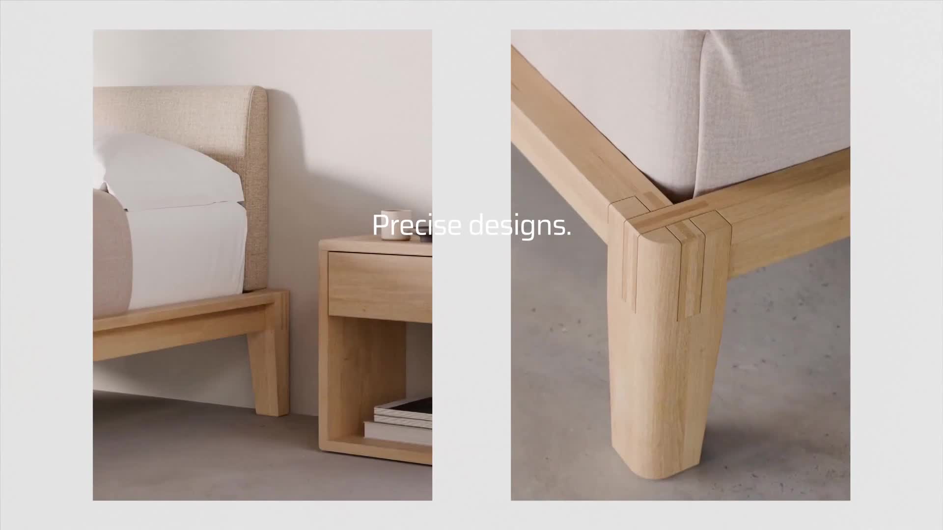 A light wood bed frame with clean lines stands next to a matching nightstand. The corner joint of the bed frame showcases intricate joinery.
