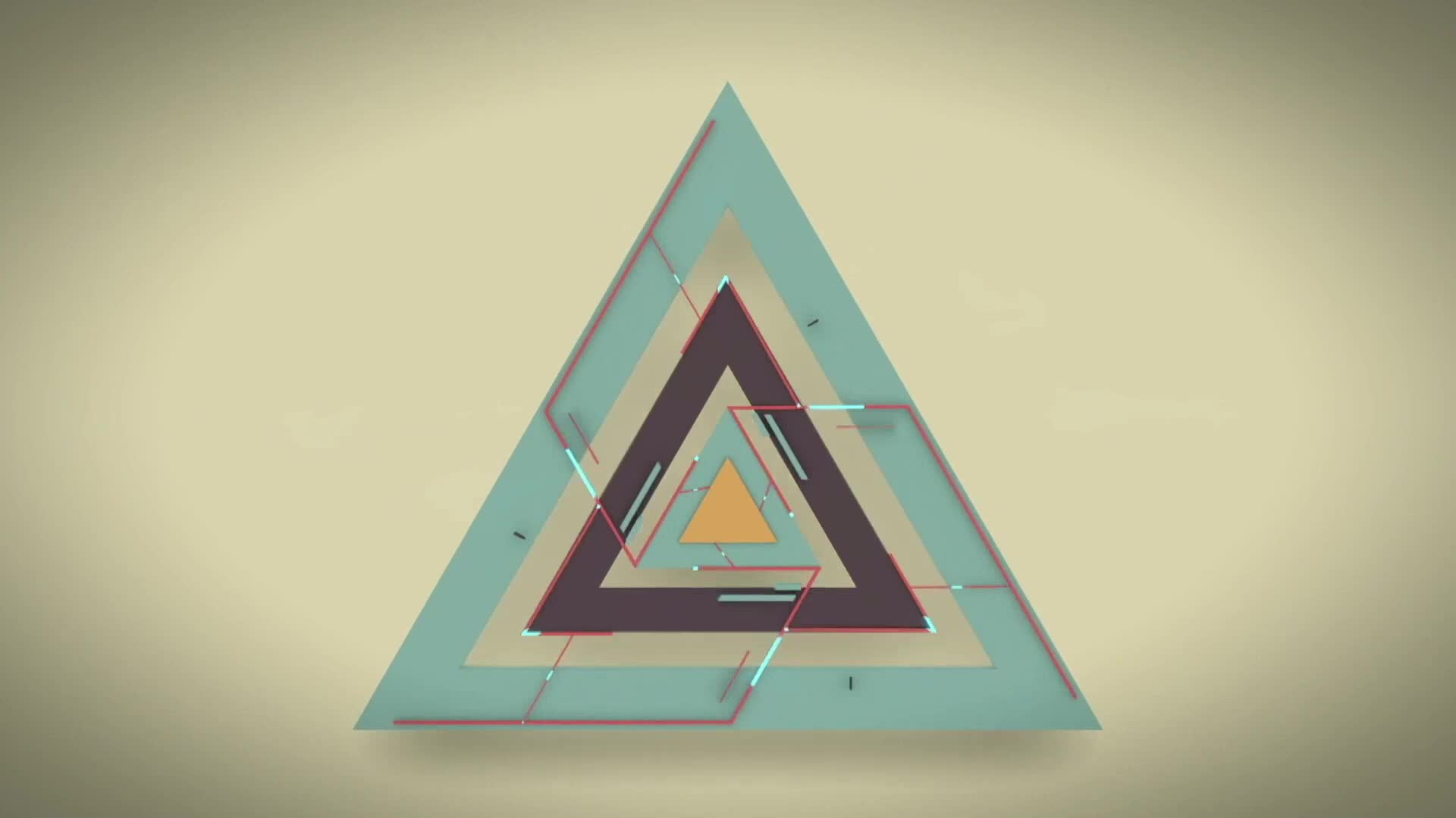 The nested triangles are shifting, their edges glowing with thin lines of light. A small, bright orange triangle sits at the center of the shifting geometric design.