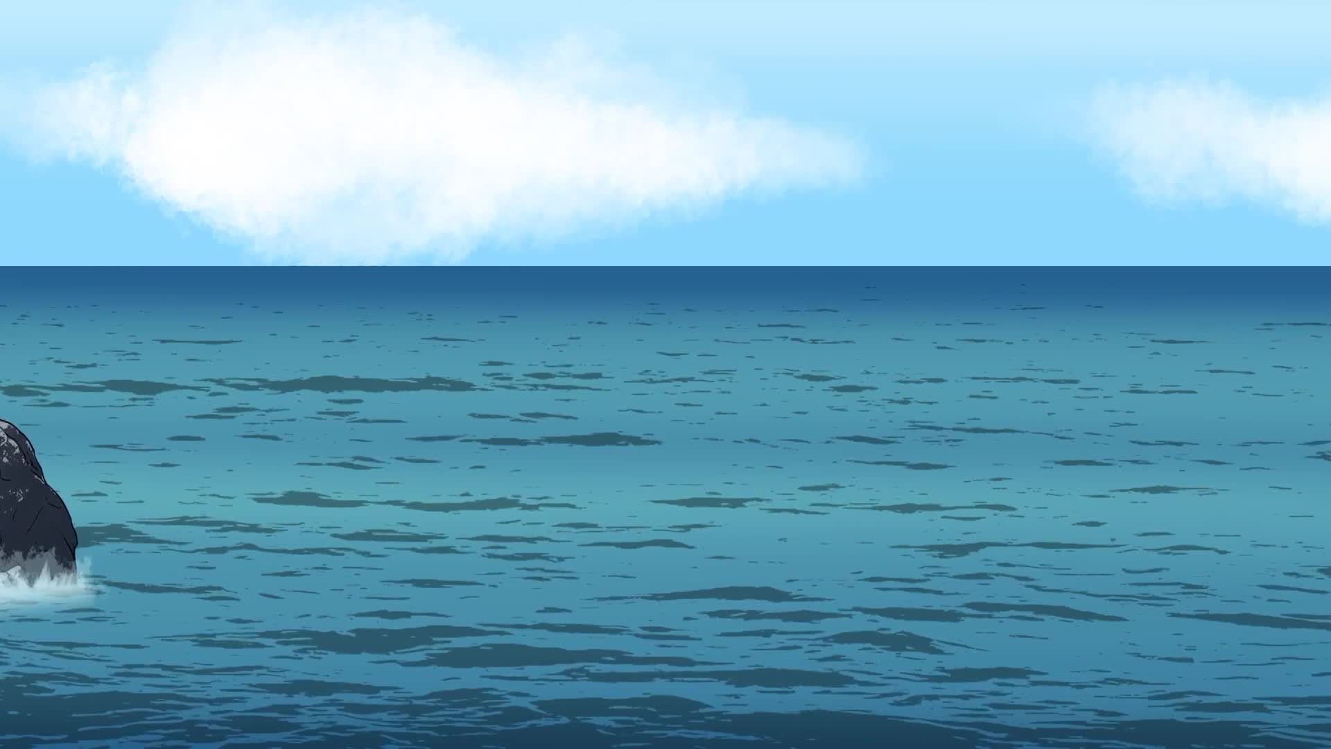 Waves crash against a dark rock jutting out of the blue water. The vast expanse of the ocean stretches to the horizon under a bright sky dotted with white clouds.