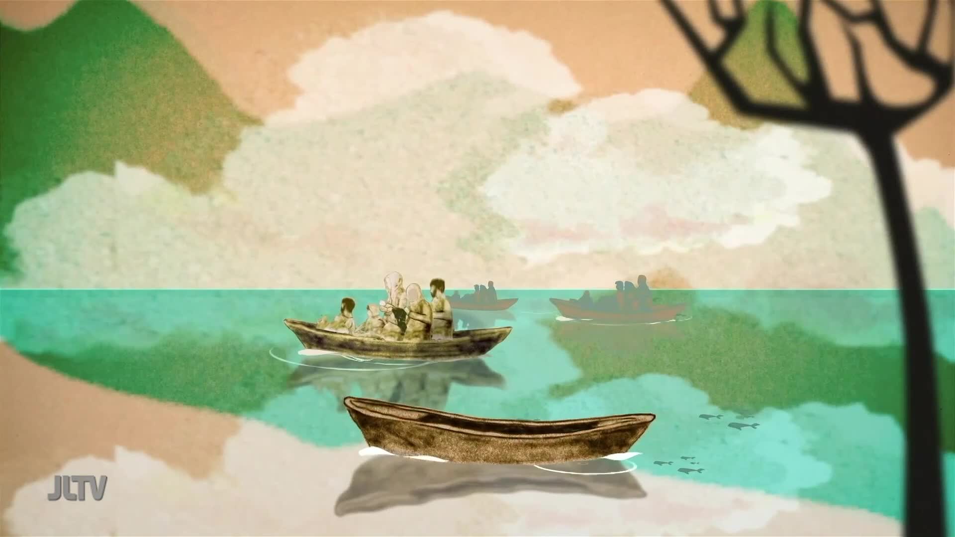 A small wooden boat, carrying several figures, glides across the turquoise water. Further out, other boats with silhouetted passengers move in the distance.