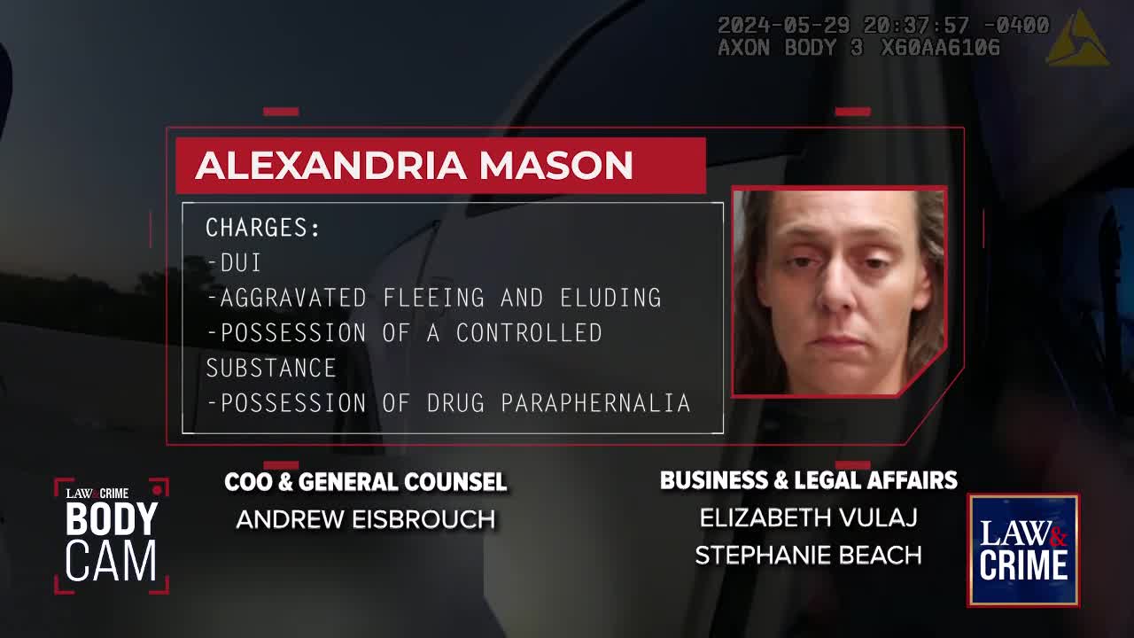 A body cam view from Law & Crime displays a graphic with the name Alexandria Mason and her charges. Her photo is featured alongside the details, with the Law & Crime logo in the corner.
