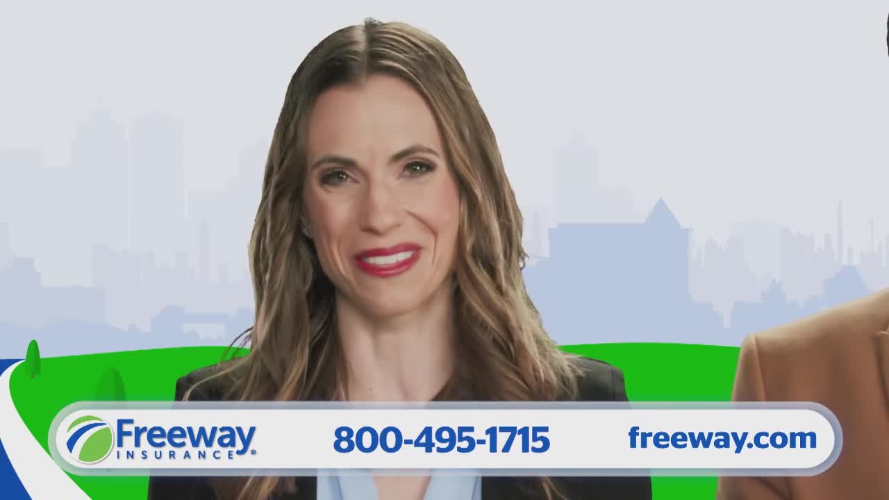 A woman with long hair and red lipstick smiles directly at the camera. The Freeway Insurance logo and contact information are displayed at the bottom of the screen.
