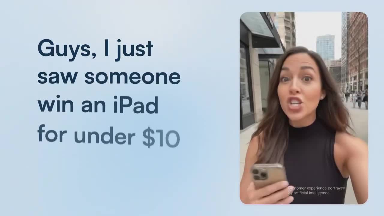 A woman in a black top, holding a phone, is speaking excitedly into the camera on a city street. Text on the screen claims someone won an iPad for under $10.
