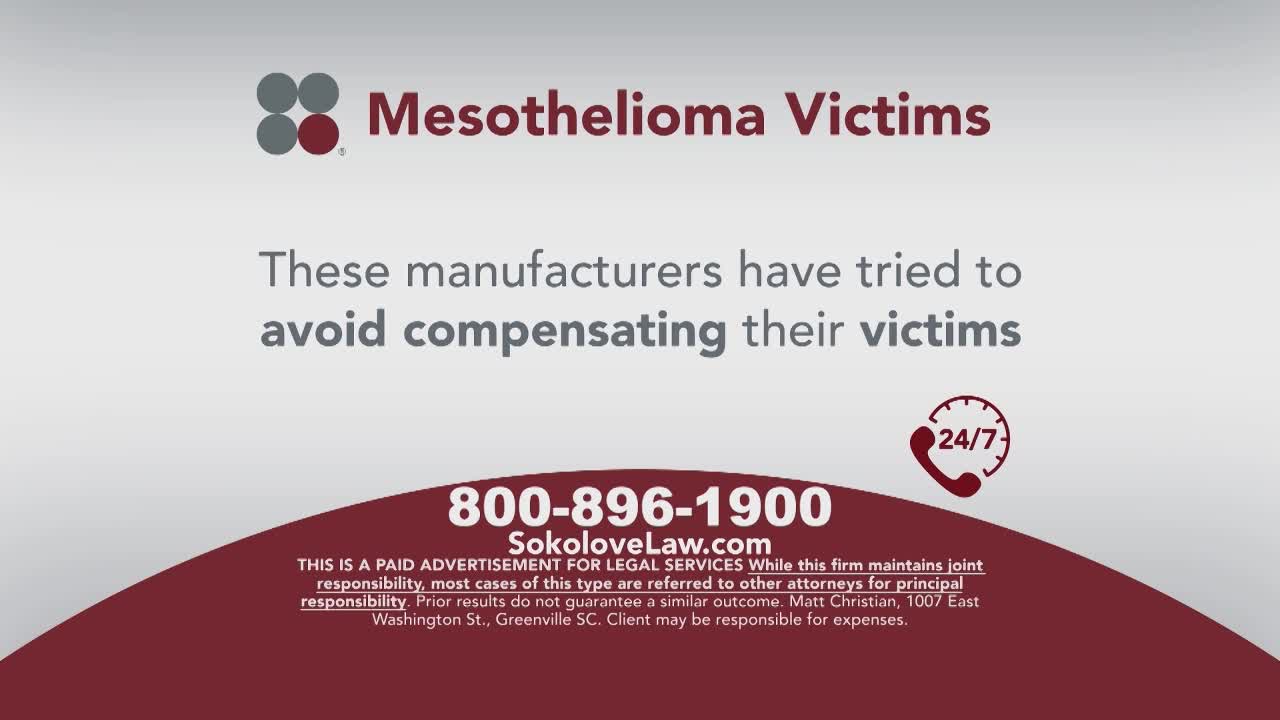 A law firm's ad, likely on a United States television channel, states that manufacturers are avoiding compensating mesothelioma victims. A phone number and website are displayed, along with a 24/7 symbol.
