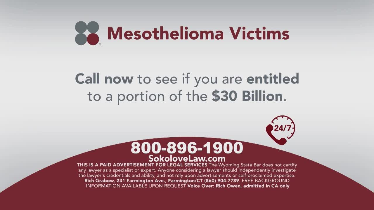 A simple advertisement for mesothelioma victims displays a phone number and the promise of a share of $30 billion. The graphic includes a 24/7 phone icon and the Sokolove Law website address.
