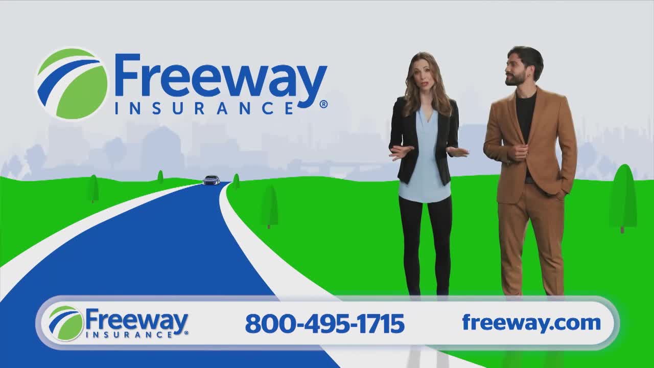 A woman and a man stand in front of a cartoon highway, gesturing towards the camera. The "Freeway Insurance" logo is prominently displayed, along with a phone number and website address.
