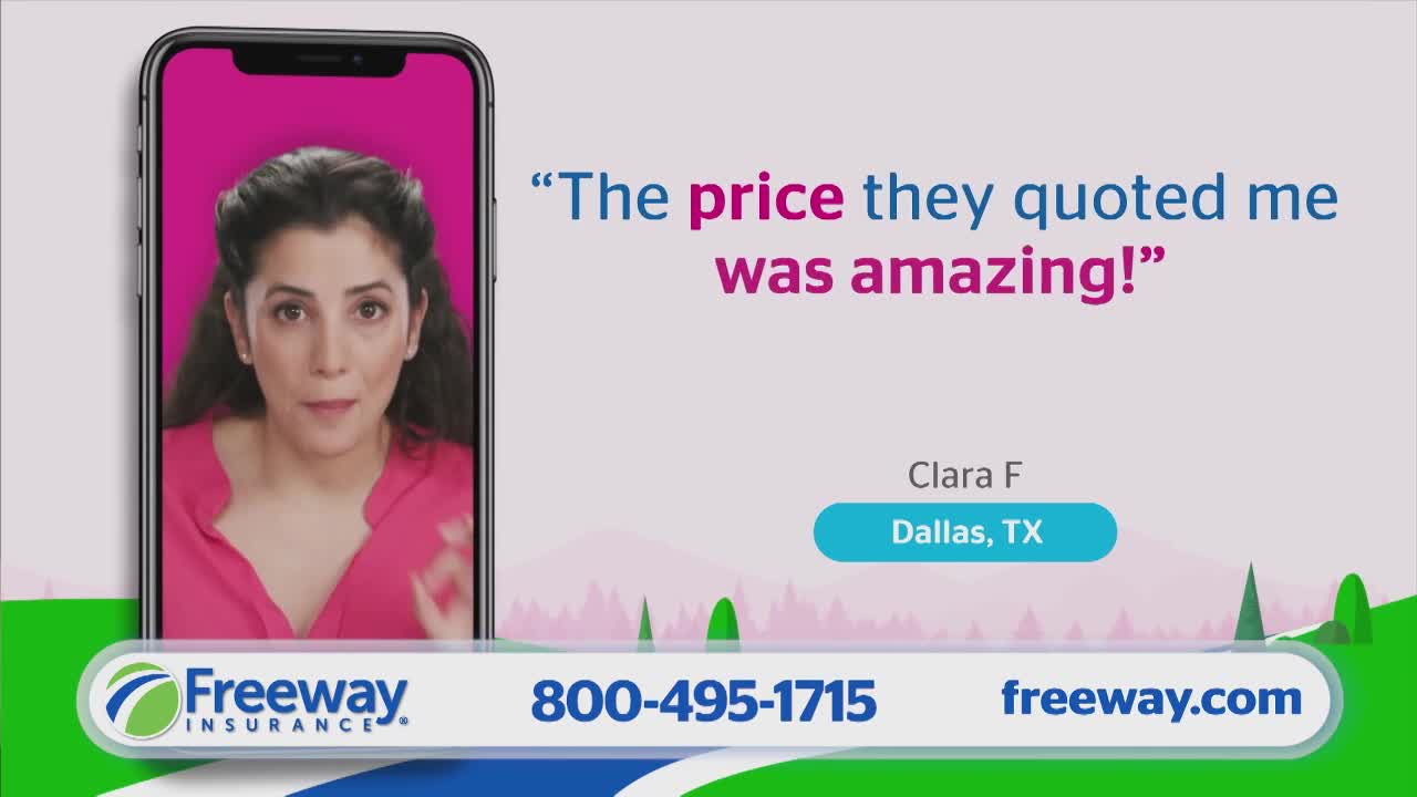 A woman on a phone screen is speaking, her face framed by a pink background. Text above her states that the price quoted was amazing, and her name and city are listed below.
