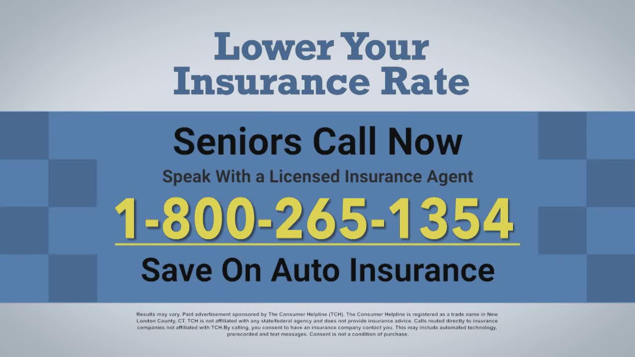 A blue and white graphic advertises lower insurance rates, targeting seniors with a phone number in a bright yellow font. The ad promises savings on auto insurance, likely a common topic on Law & Crime in the United States.
