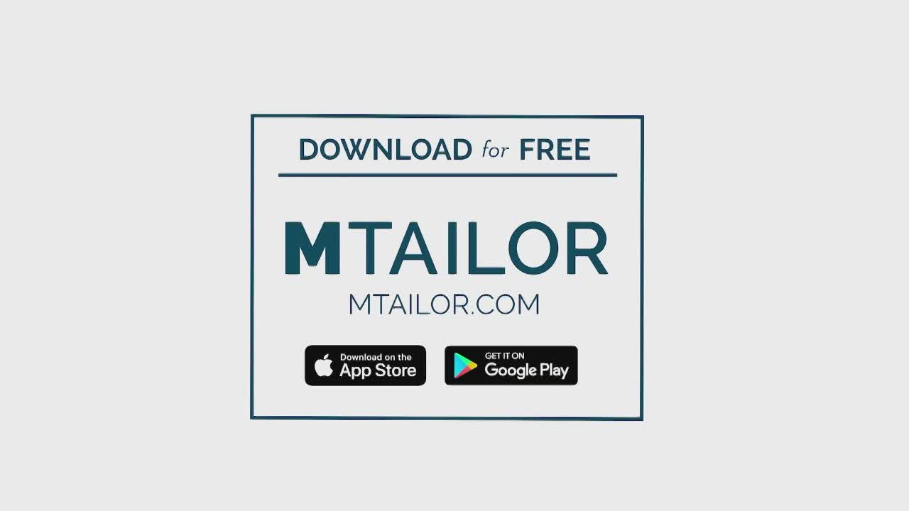 A rectangular graphic, outlined in dark blue, displays a logo for "MTAILOR" with the tagline "DOWNLOAD for FREE." Below, two icons offer links to download the app from the App Store and Google Play.
