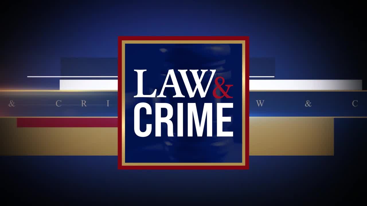 A dark blue background fades into a series of horizontal bars. In the center, a framed logo for Law & Crime sits, the words bold and white.
