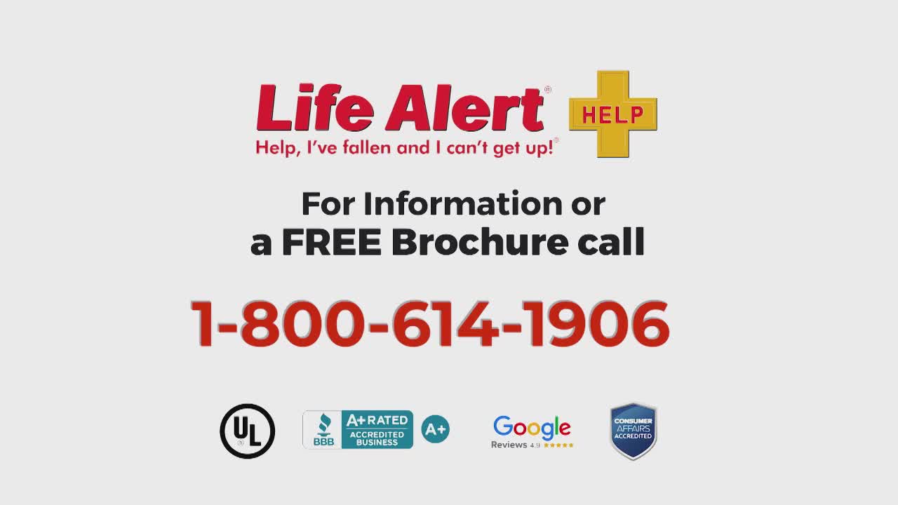 A red and white Life Alert logo with a phone number fills the screen. Below, a tagline reads, "Help, I've fallen and I can't get up!"
