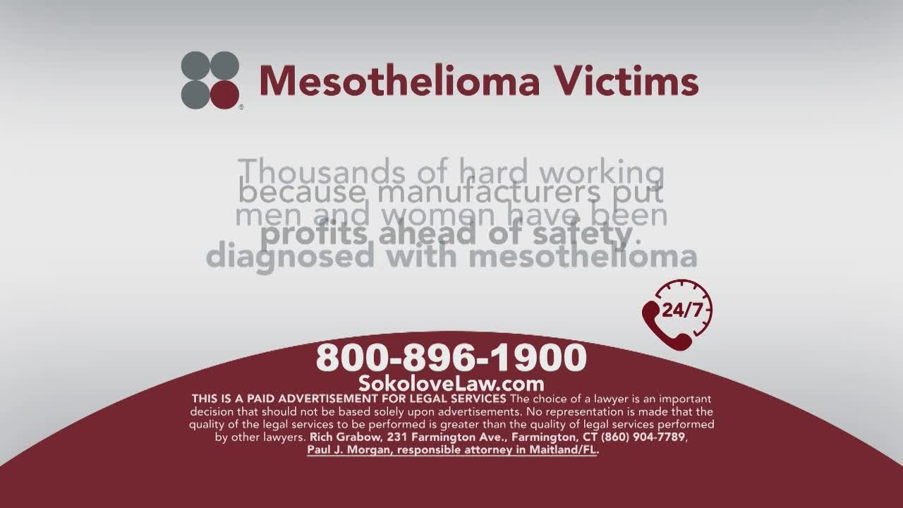 A commercial for Sokolove Law, a legal service, is on screen. The ad targets mesothelioma victims, with a phone number and website prominently displayed.
