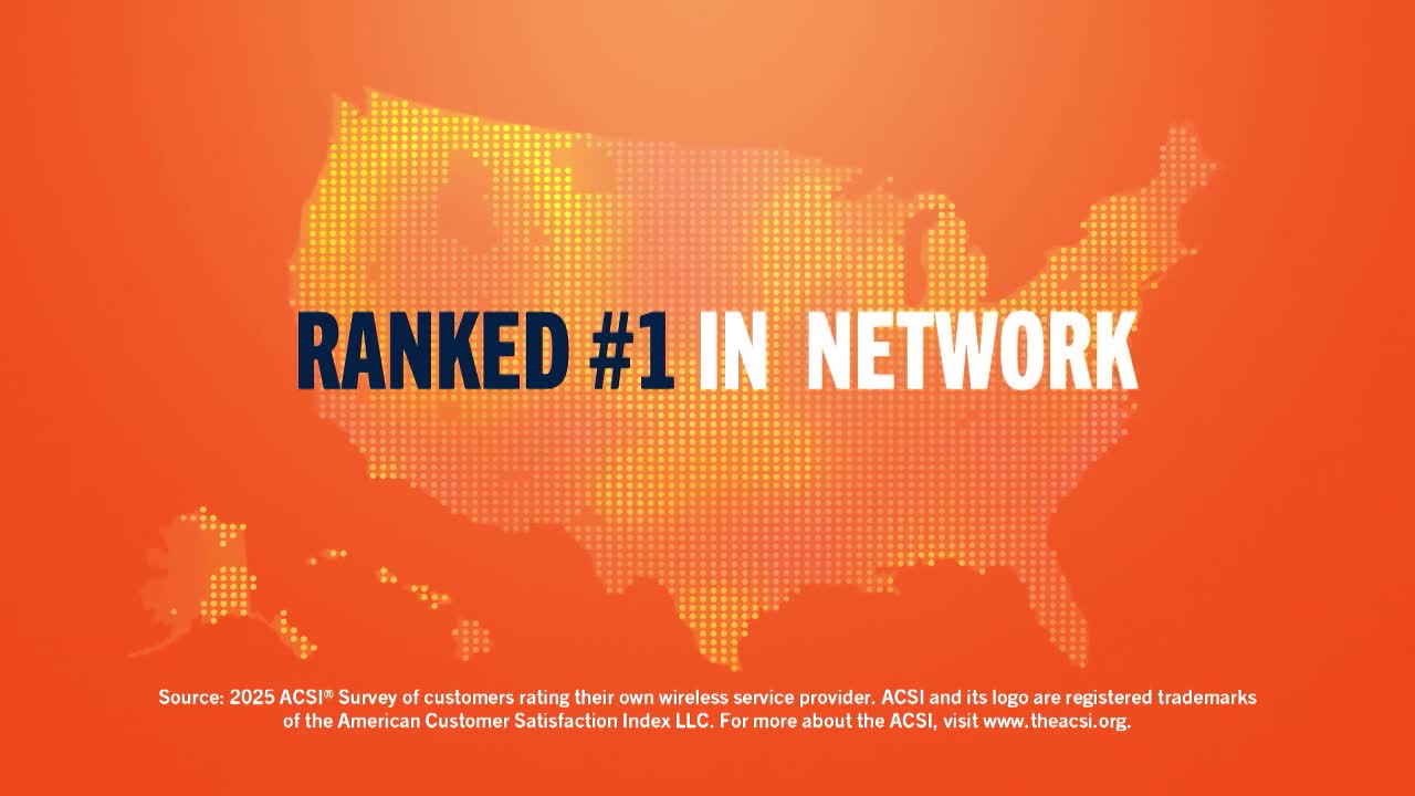 Against a bright orange backdrop, a dotted outline of the United States is visible. Bold text declares "RANKED #1 IN NETWORK" across the center.

