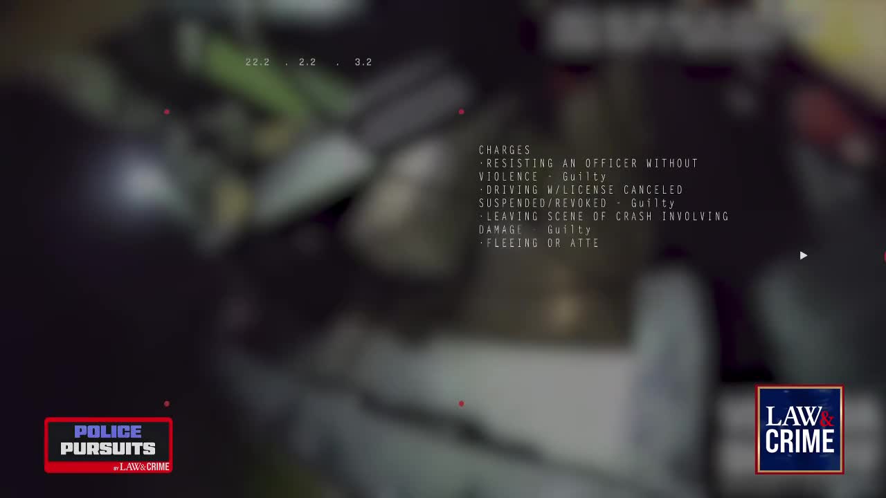 A screen displays text detailing charges, including resisting an officer and fleeing. The "Law & Crime" logo is in the bottom right corner, indicating this is likely footage from a police pursuit.
