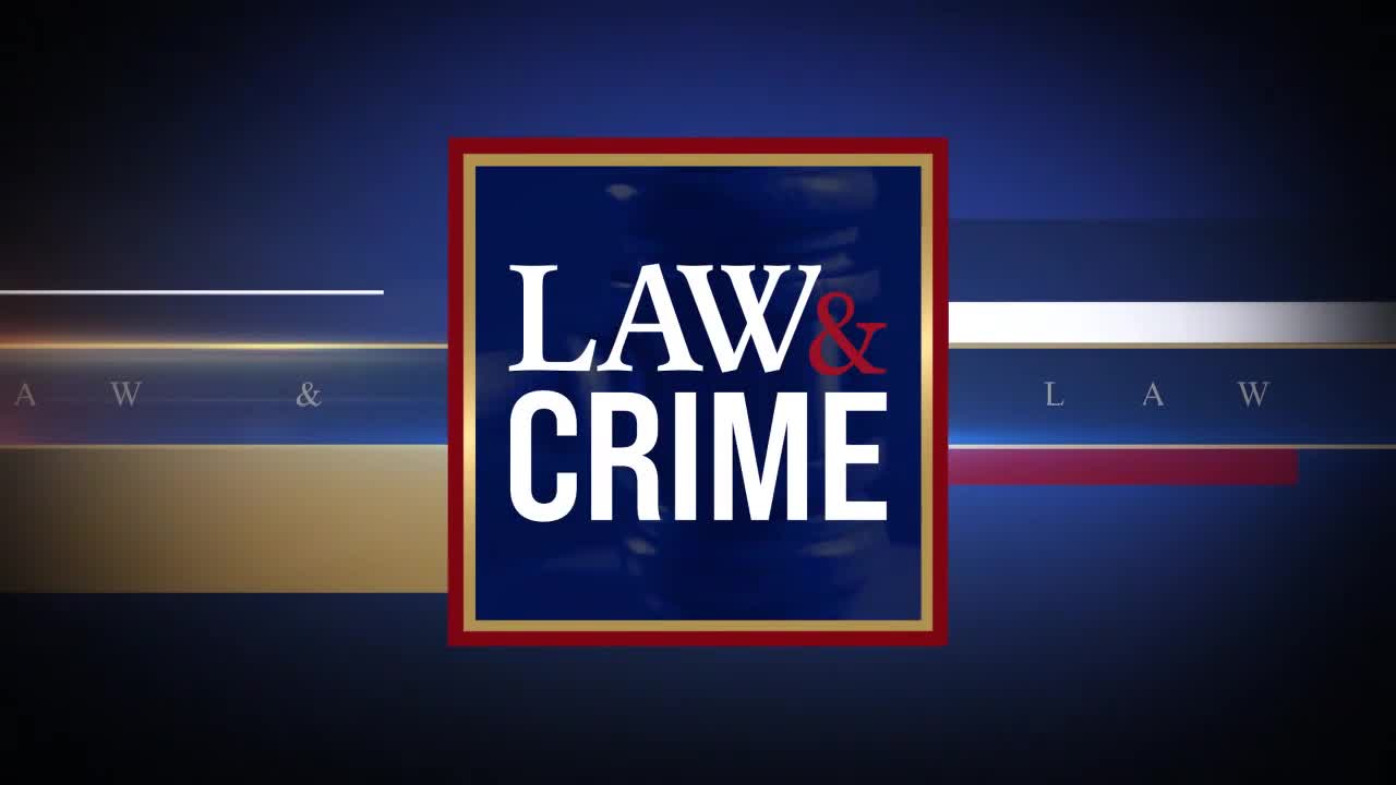 The "Law & Crime" logo, in bold white letters, is centered on a dark blue background. Horizontal gold, white, and red bars are subtly layered across the frame.
