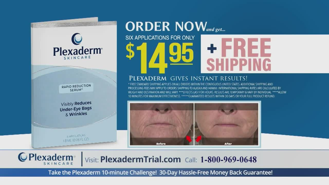 A product box for Plexaderm skincare sits on the left, while a before-and-after comparison of a person's face is shown on the right. The ad promises instant results, with a price of $14.95 plus free shipping.
