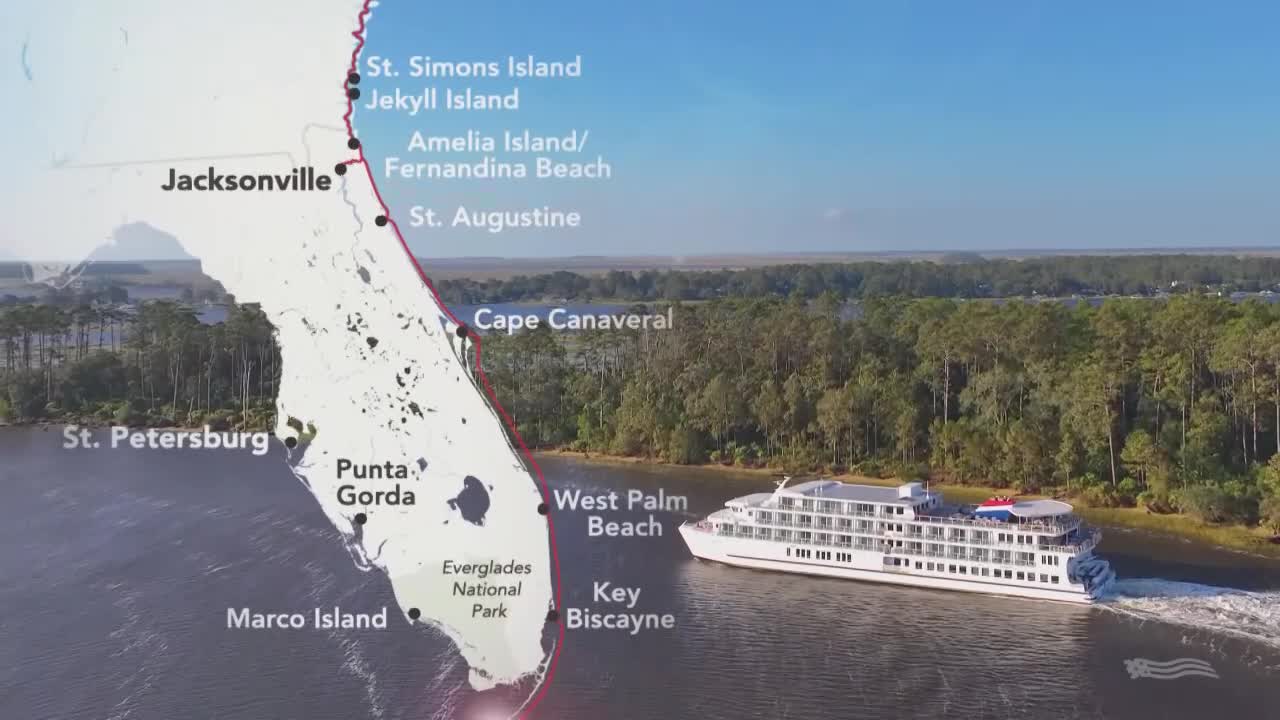 A large white cruise ship glides across the water, its wake trailing behind it. A map of Florida is superimposed on the scene, highlighting the coastal route.

