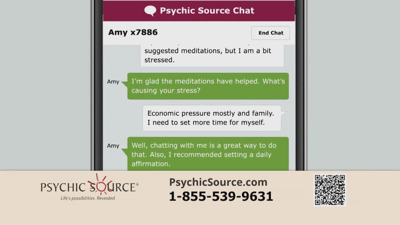 A chat window displays a conversation between "Amy x7886" and another "Amy," discussing stress and seeking advice. The bottom of the screen advertises "Psychic Source" and a phone number.
