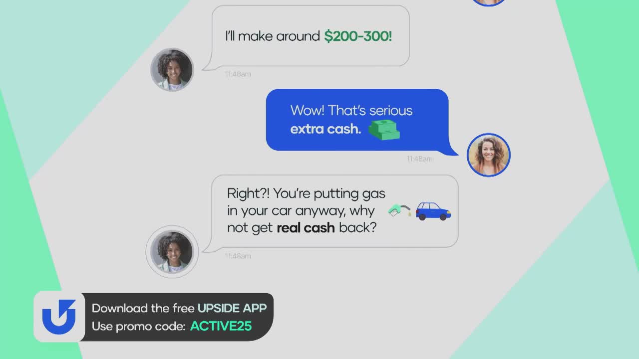 A series of text bubbles float across the screen, mimicking a conversation about earning cash back. One bubble highlights the phrase "real cash back" next to a small cartoon car and gas pump.

