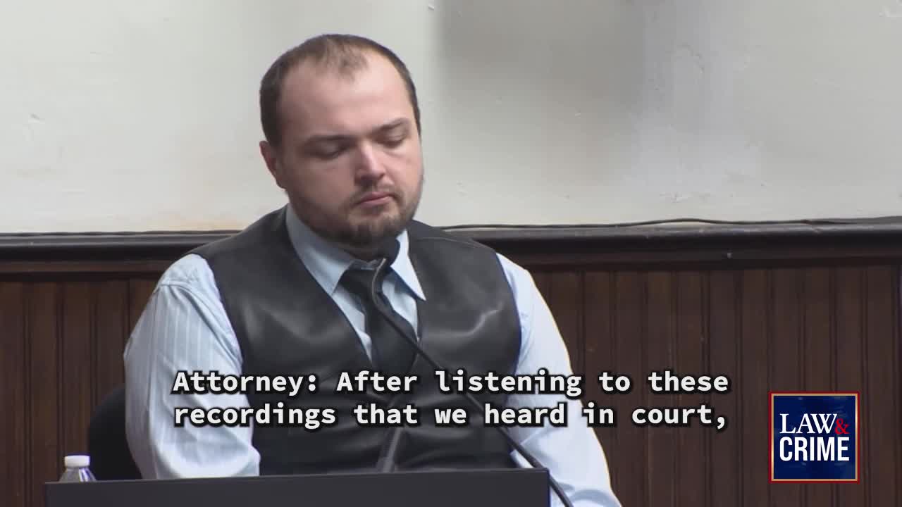 The man in the vest looks down, his eyes closed. Text on the screen reads "Attorney: After listening to these recordings that we heard in court," with the Law & Crime logo in the corner.