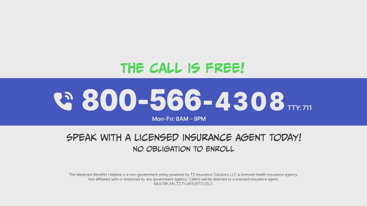 A bright green phrase announces "THE CALL IS FREE!" above a bold blue banner displaying a phone icon and the number 800-566-4308. Below, black, hand-drawn text urges to "SPEAK WITH A LICENSED INSURANCE AGENT TODAY!" with the assurance of "NO OBLIGATION TO ENROLL."