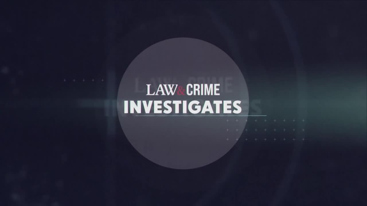 The words "LAW & CRIME INVESTIGATES" appear in bold white lettering within a dark circle. A subtle, dark blue background with faint grid patterns stretches behind the text.