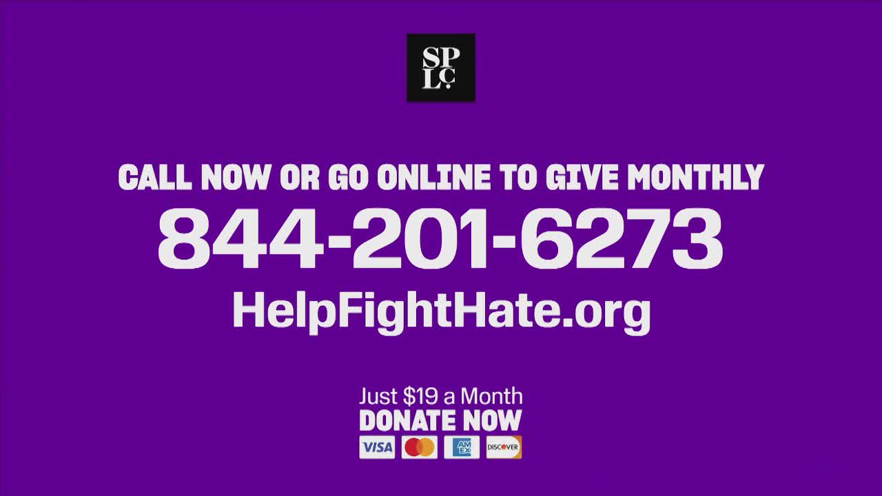 A phone number and website are displayed on a purple background, urging viewers to call or go online to give monthly. The Southern Poverty Law Center logo is visible at the top.