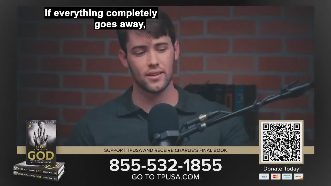 A young man speaks into a microphone, his face illuminated by the studio lights. Below him, a phone number and website promote a book titled "Stop the Name of God."