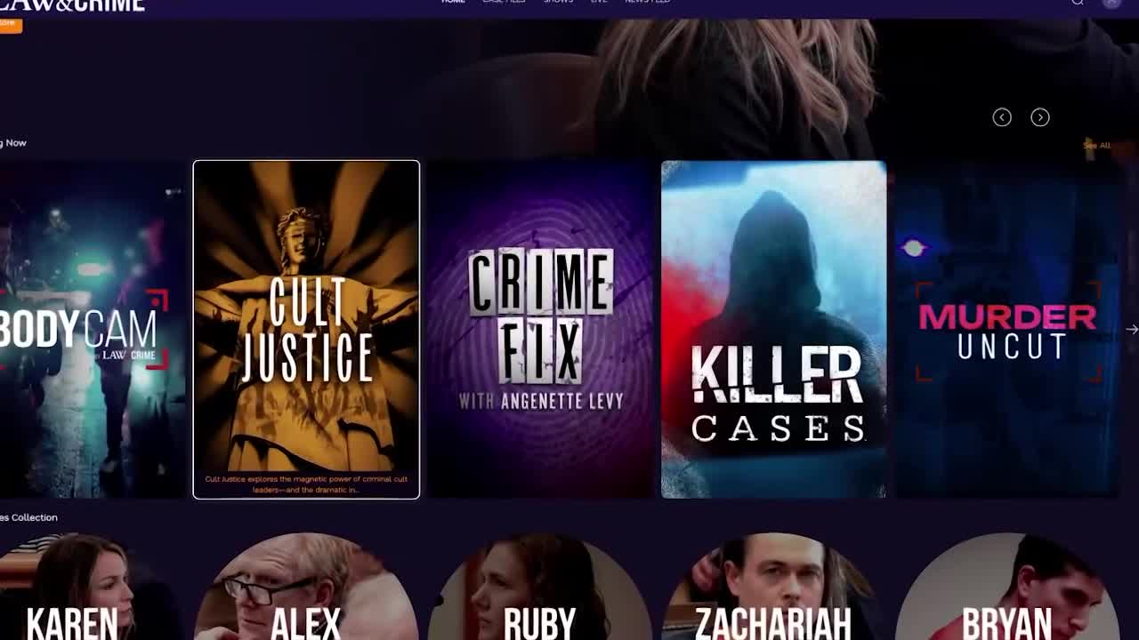 The Law & Crime network's homepage displays a row of true crime series. "Cult Justice" and "Crime Fix" are prominent, with "Killer Cases" and "Murder Uncut" also visible.