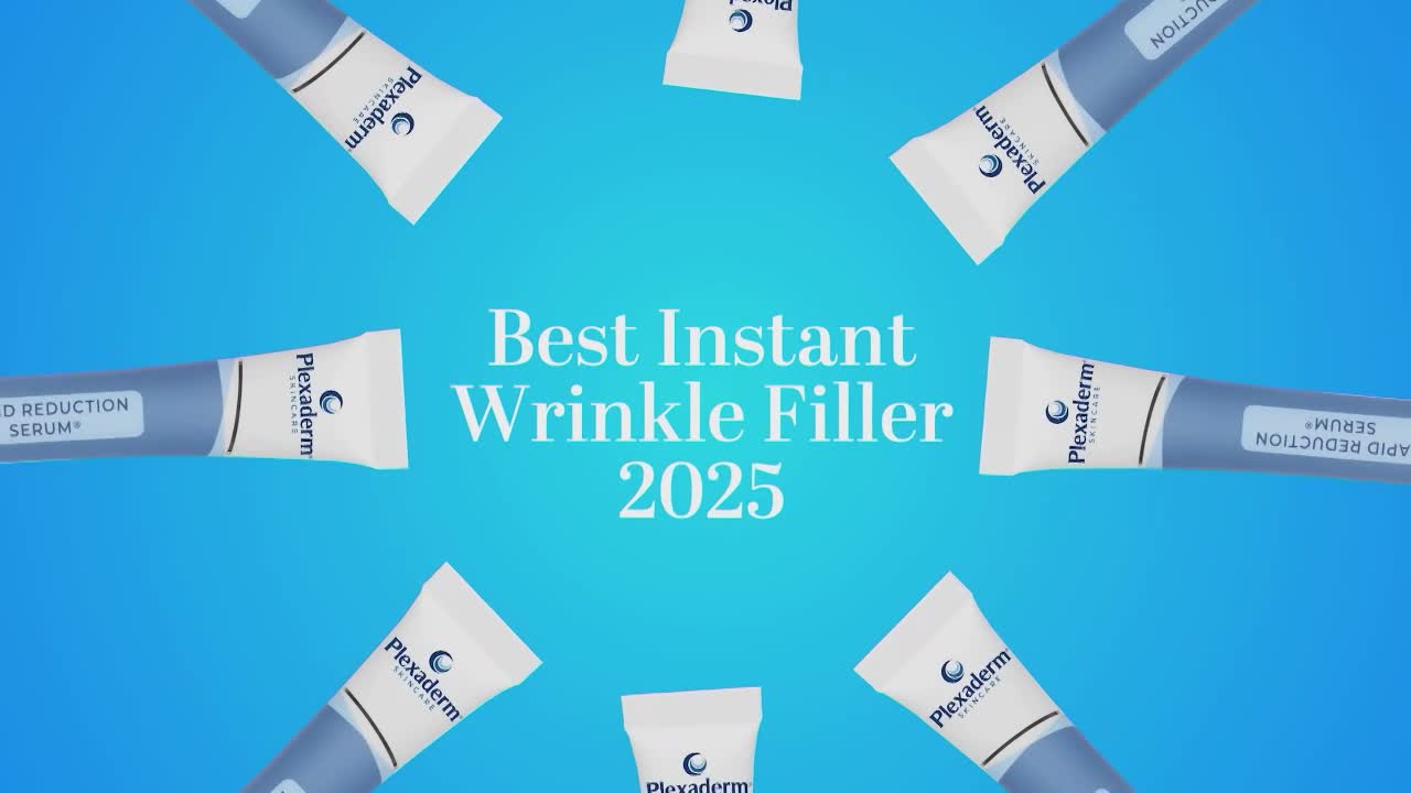 The blue background is filled with tubes of Plexaderm Rapid Reduction Serum, arranged in a circular pattern. White text in the center reads "Best Instant Wrinkle Filler 2025."
