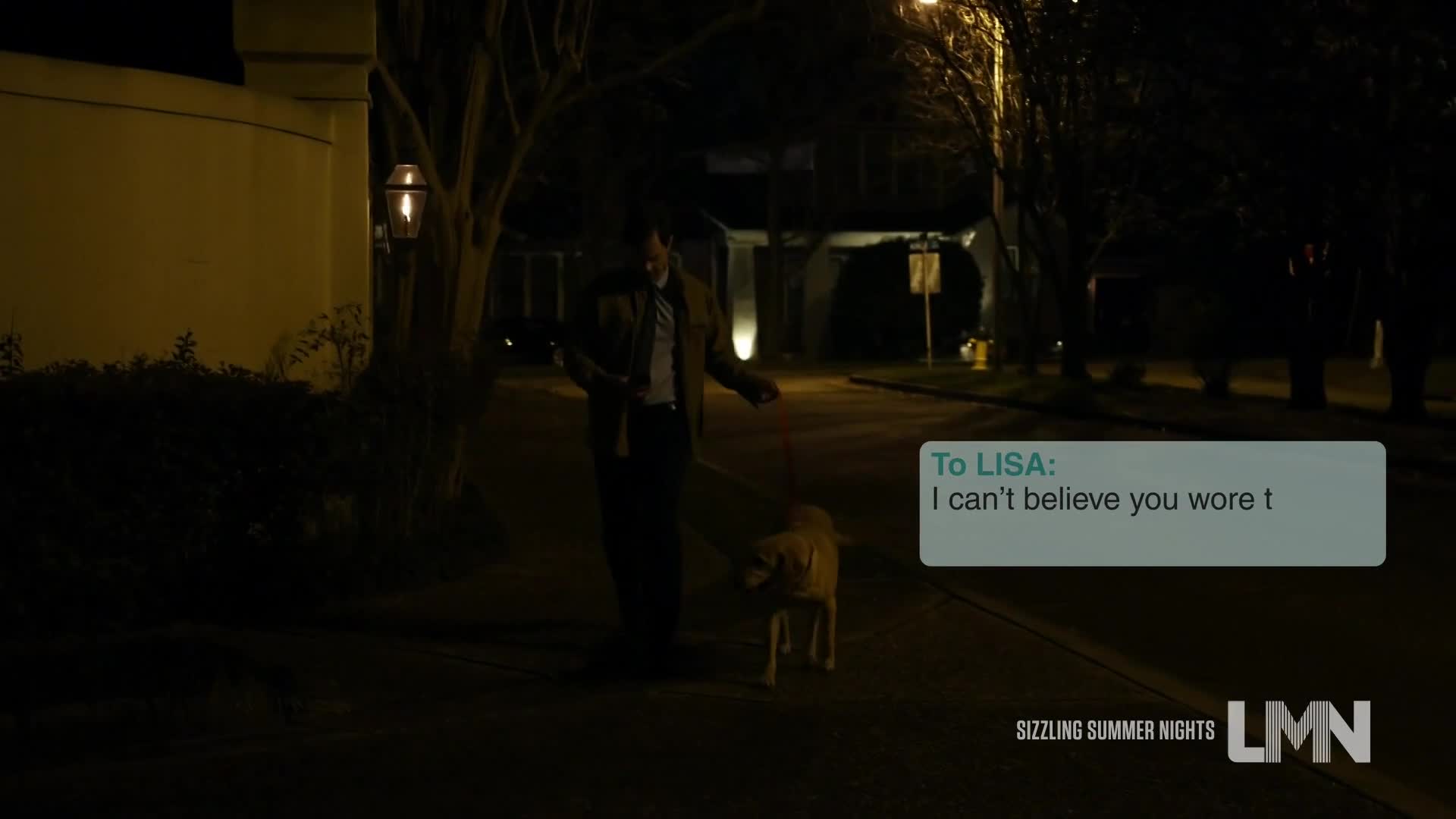 A man in a coat walks a golden retriever down a dark street, the dog trotting alongside. A text message bubble floats in the corner, hinting at a conversation.
