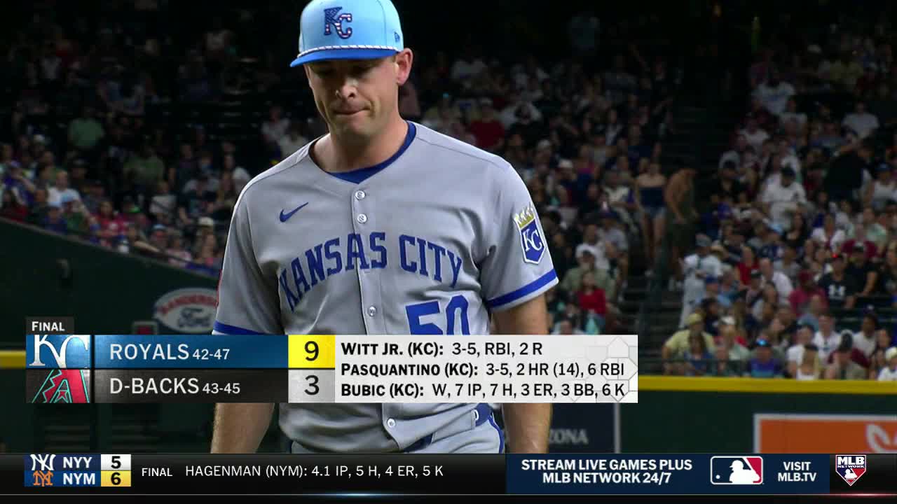 A Kansas City Royals player, wearing number 50, walks away, head down. The MLB Network graphic displays the final score: Royals 9, D-Backs 3.
