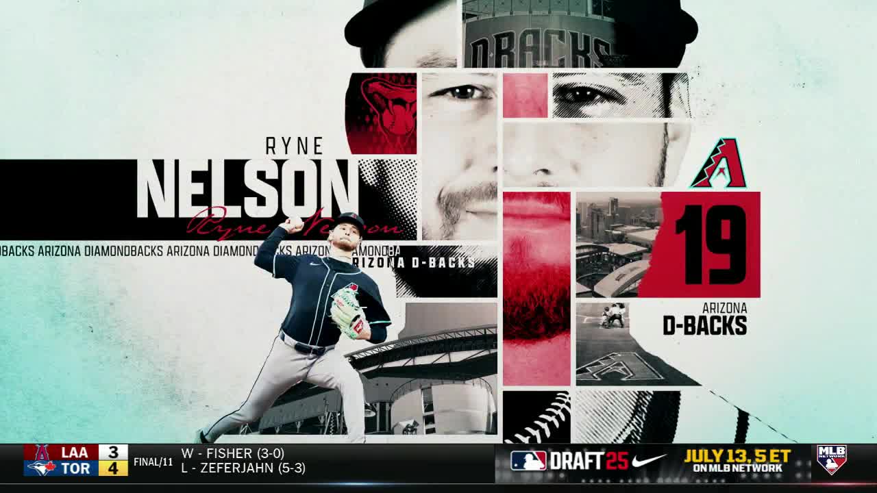 Ryne Nelson, a pitcher for the Arizona Diamondbacks, is captured mid-throw, his arm extended. The MLB Network graphic highlights his name and team, alongside a game score.
